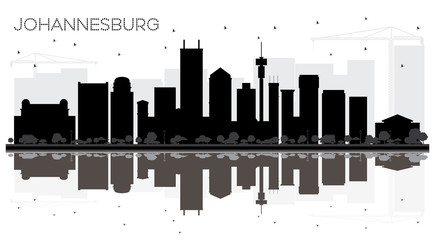 Naklejka premium Johannesburg South Africa City skyline black and white silhouette with Reflections.