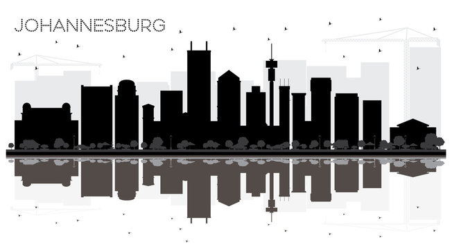 Johannesburg South Africa City skyline black and white silhouette with Reflections.