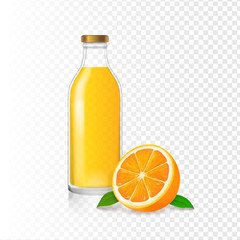 Orange juice in glass bottle and realistic orange isolated white background