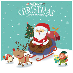 Vintage Christmas poster design with vector Santa Claus, snowman, penguin, elf characters.