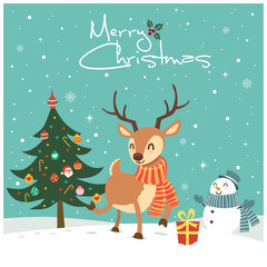 Vintage Christmas poster design with vector reindeer, snowman, Santa Claus, penguin, elf characters.