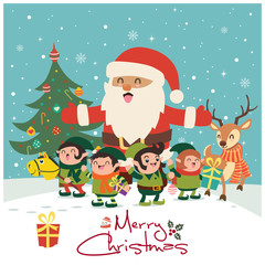 Vintage Christmas poster design with vector Santa Claus, snowman, reindeer, elf characters.