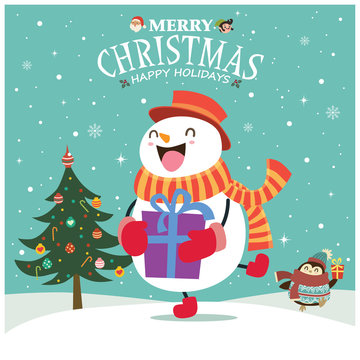 Vintage Christmas poster design with vector snowman, Santa Claus, penguin, elf characters.