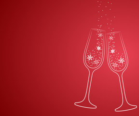 Greeting card Christmas, line drawing of two glasses of champagne