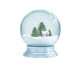 Fototapeta na wymiar Snow globe with house and pine trees