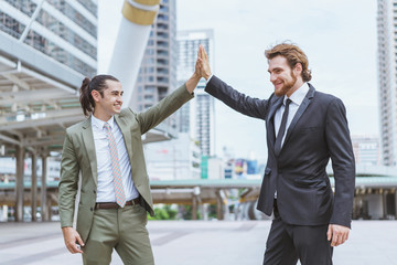 Business man show touching hands with partner. Concept of deal successful and negotiation agreement.