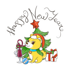 Naklejka premium Golden dog with the cup of mulled wine and a cake. New Year symbol of 2018.