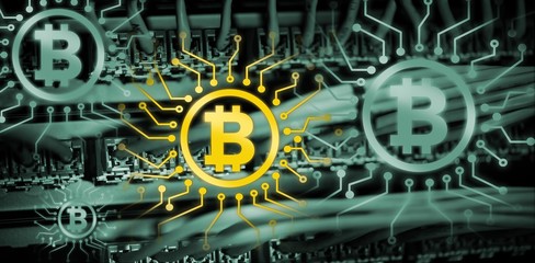 Composite image of symbol of bitcoin digital cryptocurrency