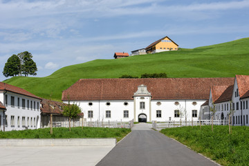 Einsiedeln abbey in front of farmland