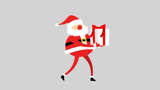 Santa Claus in red suit with blue bag of gifts - cycle of walking. Flat looped animation with alpha channel. Transparent background.