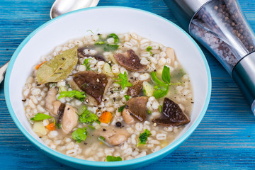 Soup with pearl barley, mushrooms