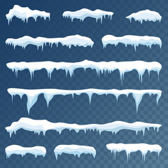 Set of snow icicles, snow cap isolated. Snowy elements on winter background. Vector template in cartoon style - obrazy, fototapety, plakaty