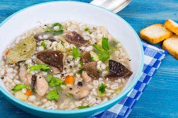 Soup with pearl barley, mushrooms