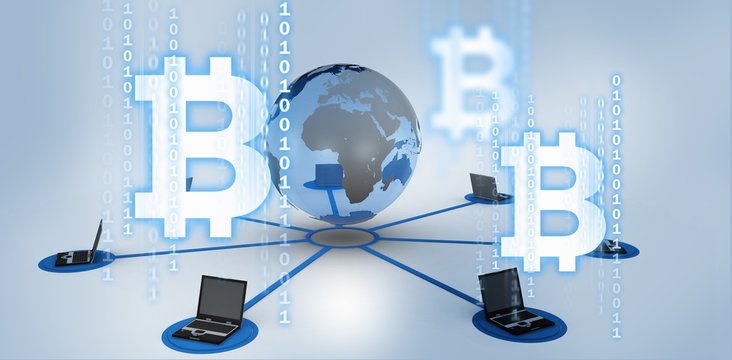 Composite image of symbol of bitcoin digital cryptocurrency