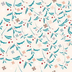 Christmas pattern with snowflakes and leafs for wallpaper design