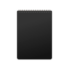 Black realistic vertical spiral notebook mockup for branding on white
