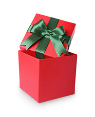 Classic red gift box with green satin bow