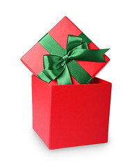 Classic red gift box with green satin bow