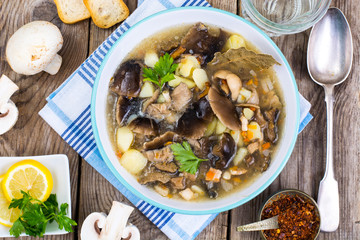 Delicious homemade soup with mushrooms and potatoes