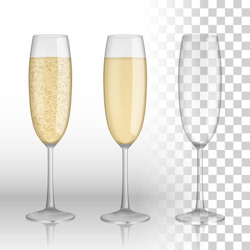 Full and empty glass of champagne and white wine isolated on a transparent background. vector glass. Holiday Merry Christmas and Happy New Year celebration concept. vector illustration