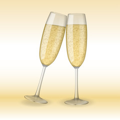 Two glasses of champagne. Holiday, Merry Christmas and Happy New Year champagne concept. Vector Illustration of champagne glasses.