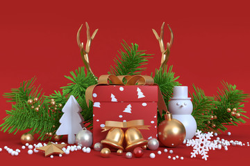 abstract christmas background with red gift box gold bell ball snowman green leaf gold reindeer horn group set 3d rendering christmas holiday concept