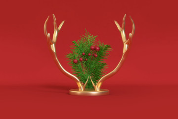 abstract gold reindeer horn set on red scene christmas holiday concept 3d rendering