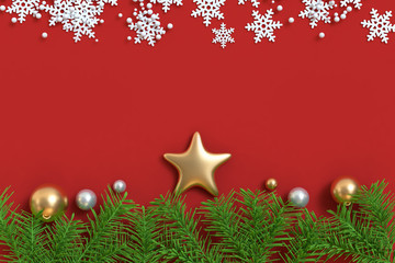 gold star green leaf snow abstract christmas red background blank space christmas holiday concept 3d rendering