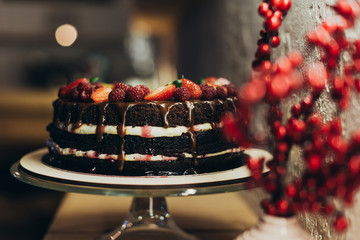 Chocolate cake on cake stand