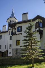 Fragment of beauty renovate ancient  palace in the old park Tsarska or Royal Bistritsa  near by  resort  Borovets, Rila mountain, Bulgaria 