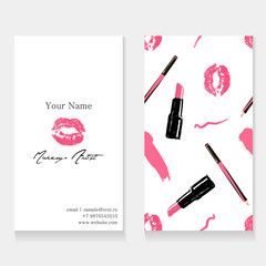 Makeup artist business card template. Cosmetics seamless pattern background: pink imprint of lips kissing, lipstick, lip liner and trace from pencil. Cosmetics banner set. Vector beauty illustration - 182036306