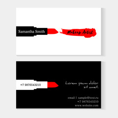 Set of Makeup artist business cards. Black and white Vector template with makeup Smears Red lipstick. Fashion sketch makeup lipstick. Graphic color glossy lips. Glamour fashion card vogue style - 182036316