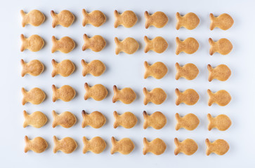 Cookies, salty cracker are fish spread out on the white table. Food Background