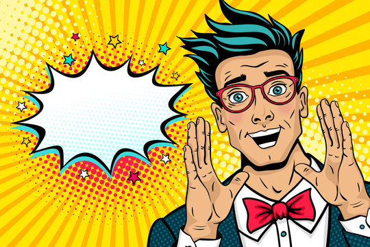Wow pop art male face. Surprised happy young man in suit, bow tie and glasses with open mouth rises hands screaming announcement. Vector illustration in retro comic style. Party invitation poster.