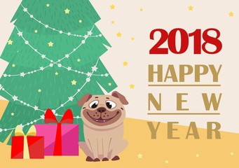 Happy  new year 2018 greeting card with a dog. China new year template for your design. Vector illustration.