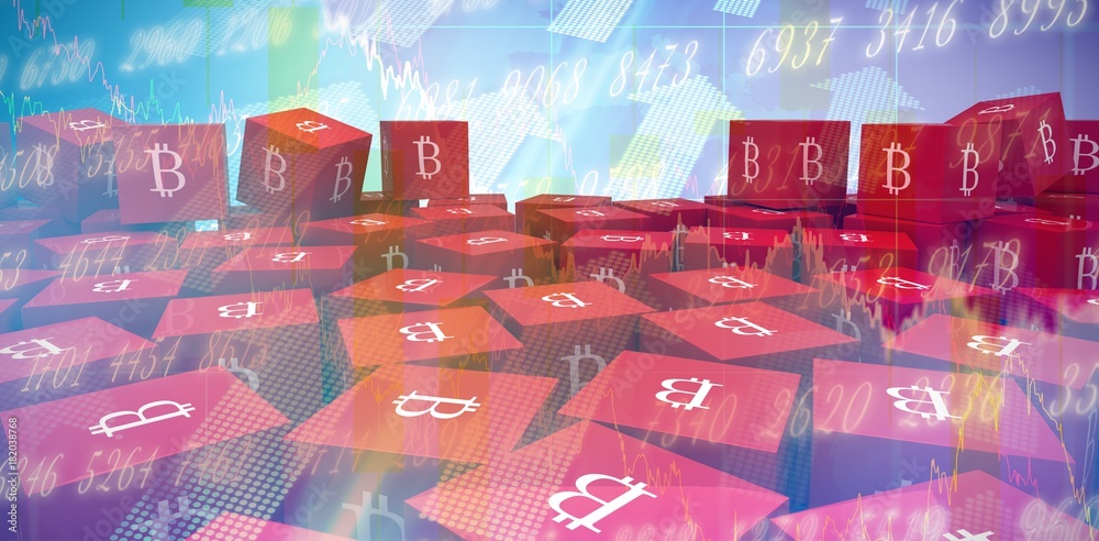 Poster composite image of several red cube with bitcoin sign on each