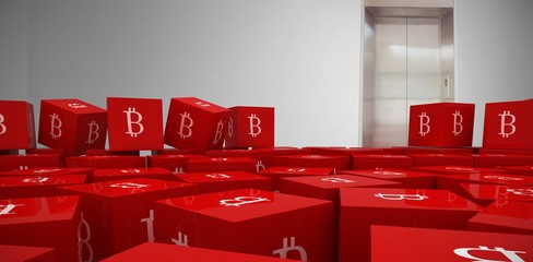 Composite image of several red cube with bitcoin sign on each