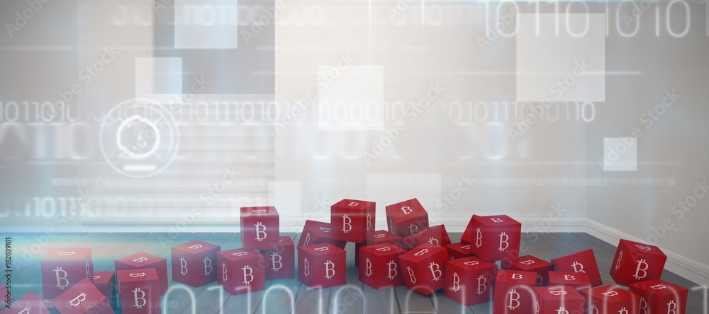 Poster composite image of several red cube with bitcoin sign on each