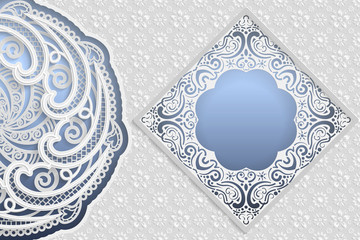 Template of wedding greetings or invitations. 3D mandala, square frame with lace edges, surface with a relief pattern. Floral background on the bottom. Place for the inscription in the frame. Vector.