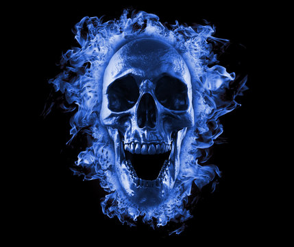 Skull in blue fire wallpaper 3d rendering