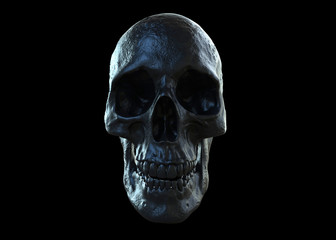 black skull isolated in black background in 3d illustration