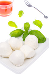 Mozzarella, basil and tomato juice on white background