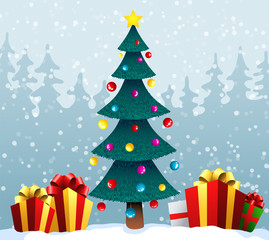 Holiday background with a blue Christmas tree and gift boxes on the snow. Vector illustration