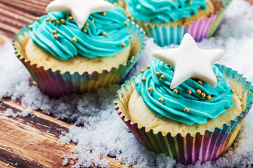 cakes cupcakes to the celebration of Christmas on the wooden table covered with snow