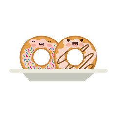 kawaii donuts with cream glaze on dish in colorful silhouette on white background