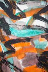 Abstract Painting Art: Strokes with Different Color Patterns like Black, Green and Orange