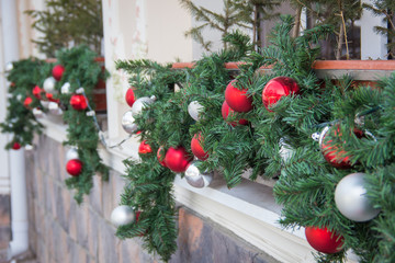 Closeup shoot of christmas decoration balls on a store front