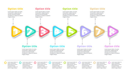 8 step business timeline workflow infographics. Corporate milestones graphic elements. Company presentation slide template with year periods. Modern vector history time line design.