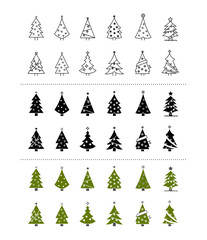 Christmas trees icon set on white background. thin line green and black color. vector illustrator