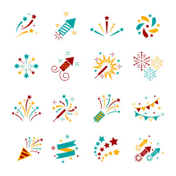 Celebration iconic. Firework icon colorful set with petard, stars. Festival and event, celebrate and party. Vector illustrator